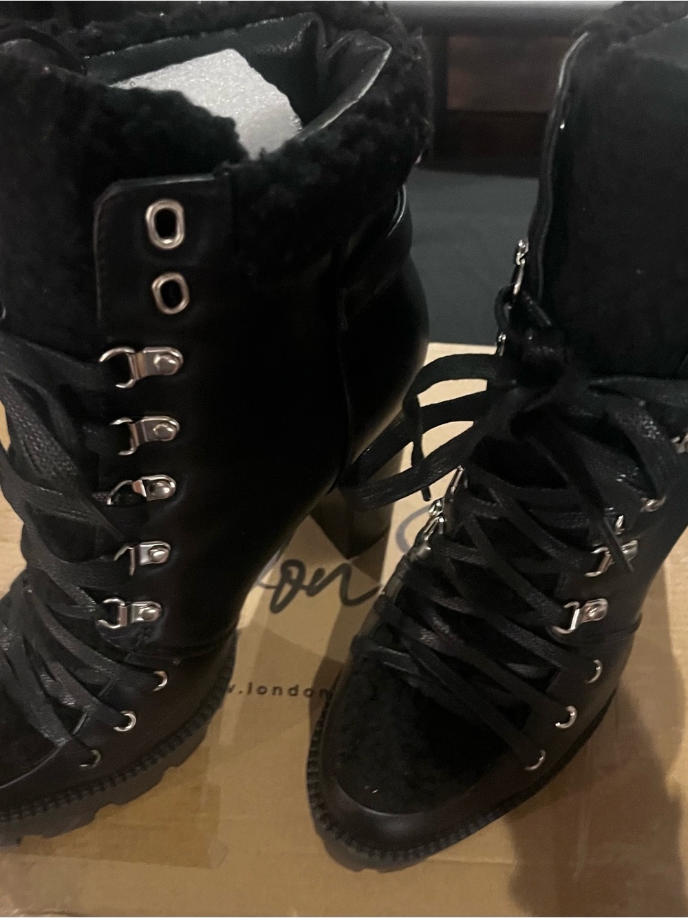 Women’s Black Shearling-Trim Lug Heeled Ankle Boots - Picture 4 of 6